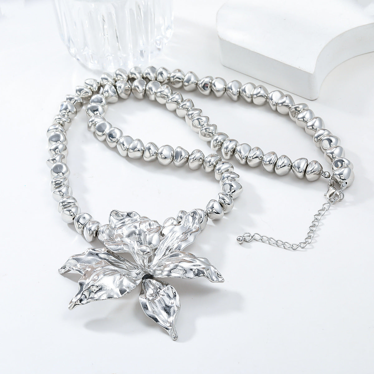 Buy Center Exclusive Offer-Silver Beads Chain Flower Pendant Exaggerated Ladies Necklace