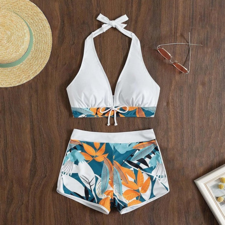 Fresh Arrivals at Buy Center: Solid Color Top Split Swimsuit Women's Leaf Print Boxers Strap