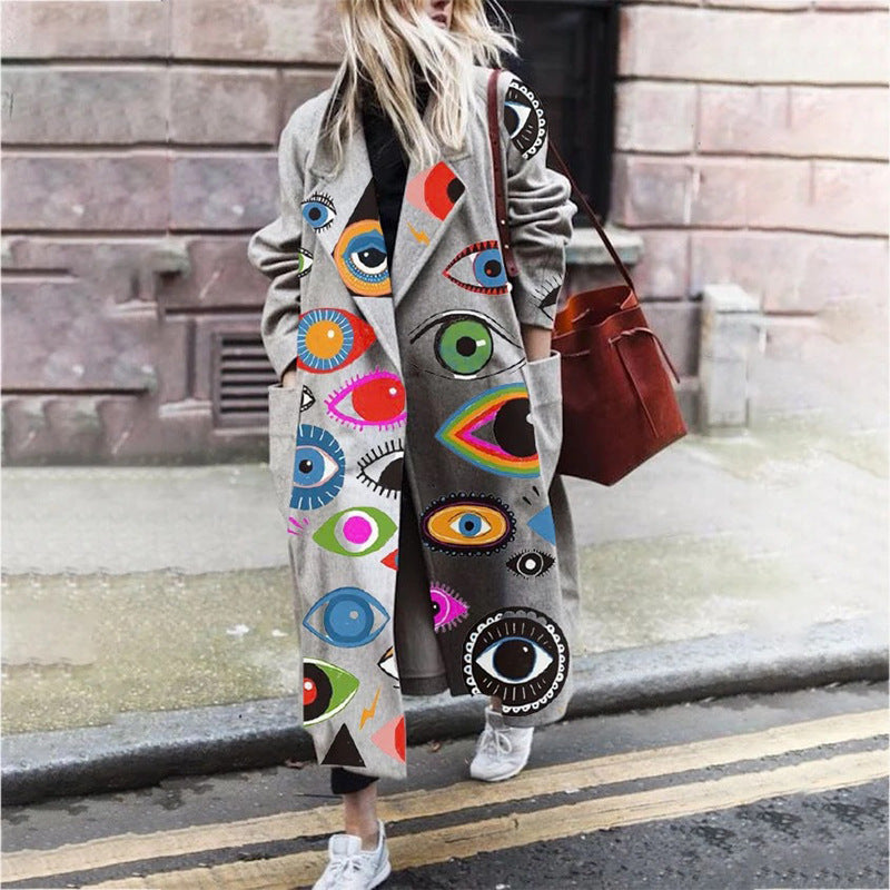 Just Arrived at Buy Center: Women's Personalized Printed Round Neck Woolen Coat Gray