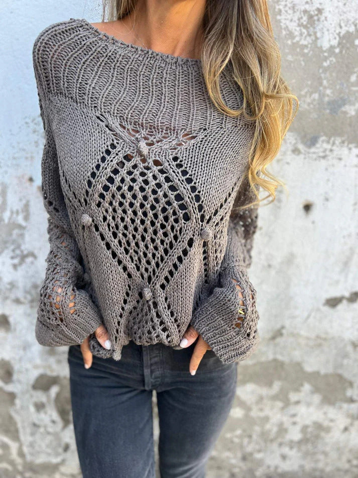 Buy Center Ultimate-European And American Leisure Loose Hollow Out Sweater Round Neck Knitted Top Gray