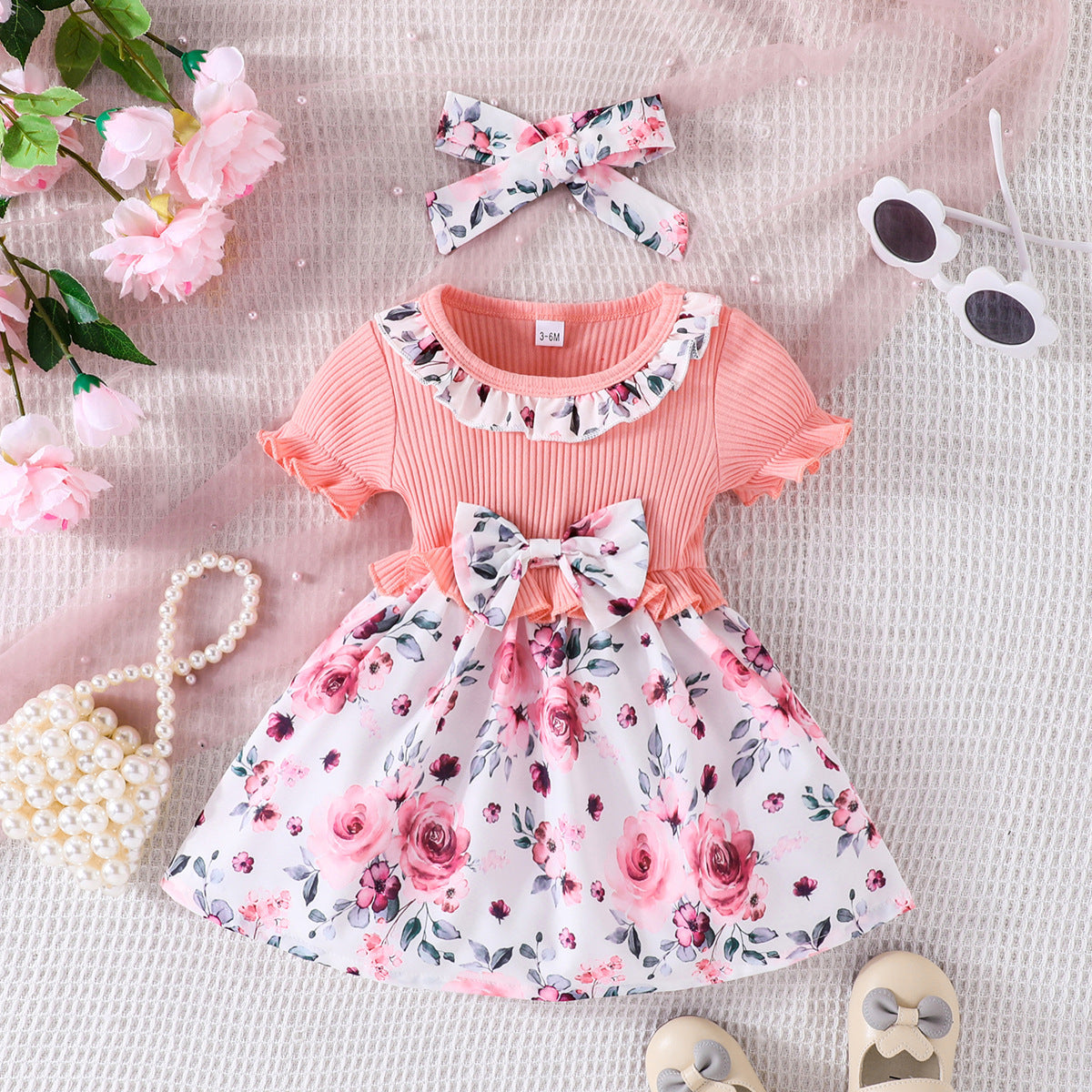 Newly Arrived at Buy Center: Girls' Printed Dress Headscarf Two-piece Set Pink WY24202B