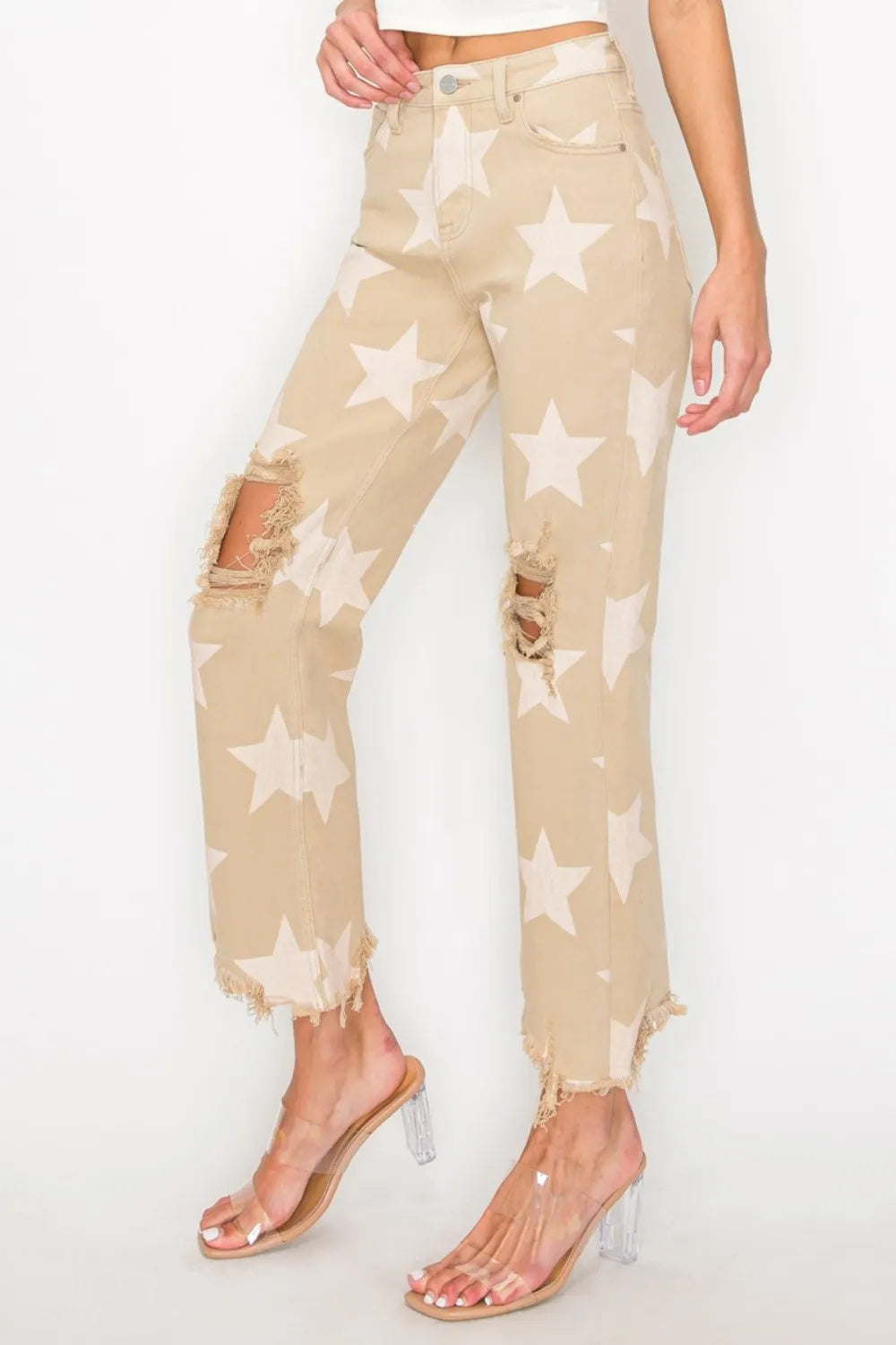 RISEN Full Size High Rise Star Printed Frayed Hem Jeans | Women's Clothing-Bottoms-Woman Jeans | Buy Center