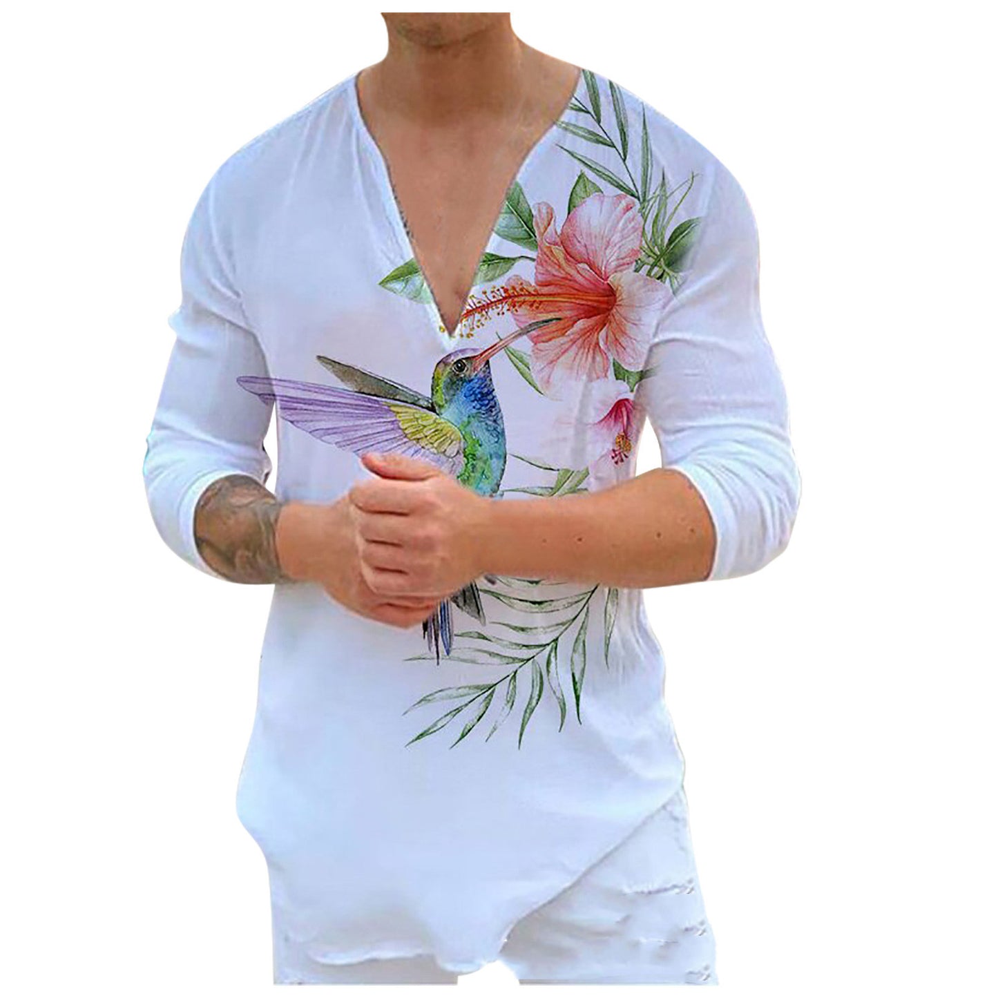 Camiseta de manga larga con cuello en V y estampado informal para hombre