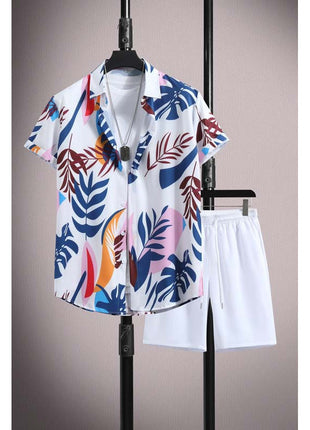 Men's Casual Ice Silk Micro-elastic Printed Short-sleeved Shirt Shorts Suit