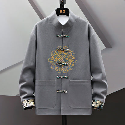 Now Available at Buy Center: Embroidered Chinese Costume Buckle Chinese Coat Gray