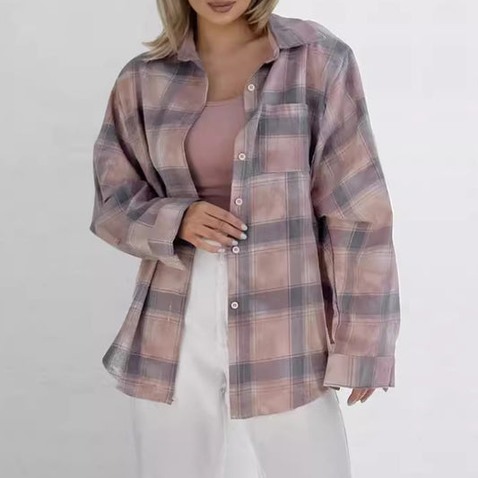 Buy Center Excellence-Plaid Long Sleeve Shirt Baggy Coat Women