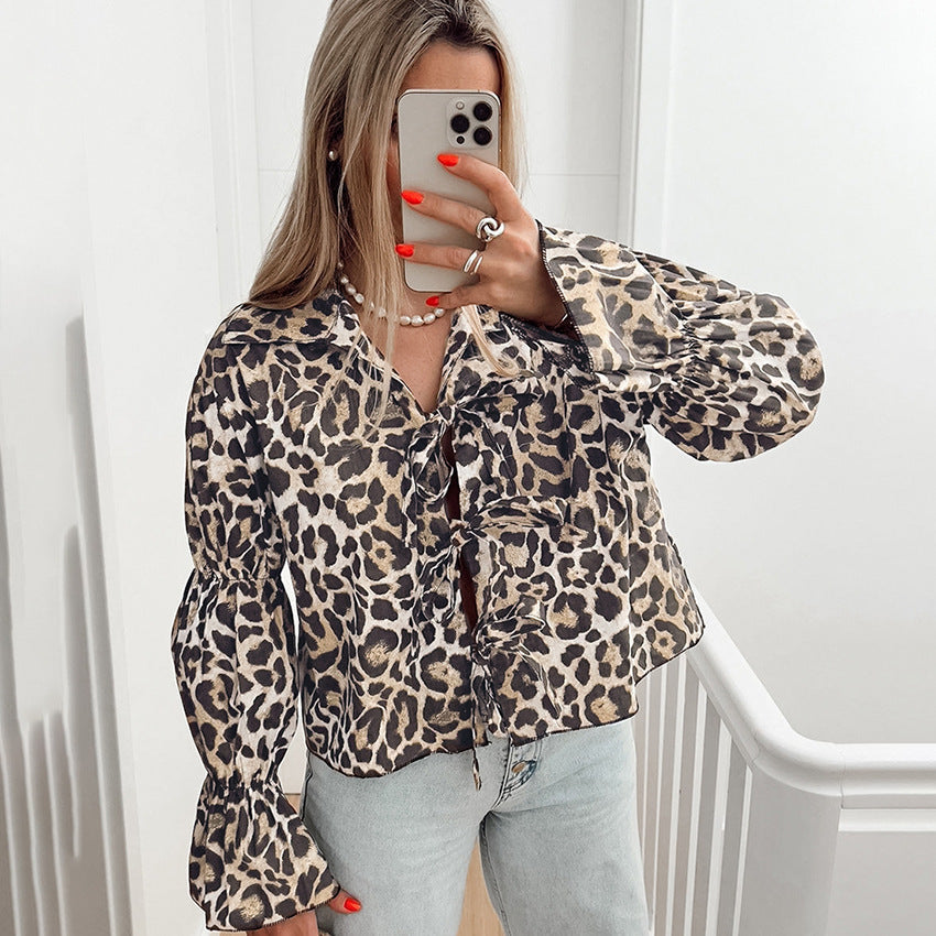 Buy Center Trend-Fashion Leopard Print Lace-up Puff Sleeve Women's Top Leopard Print