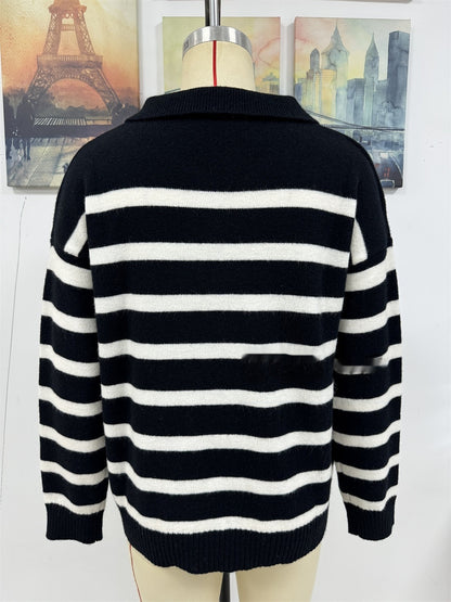 Just Arrived at Buy Center: Patchwork Stripes Lapel Loose Plus Size Knitwear Sweater