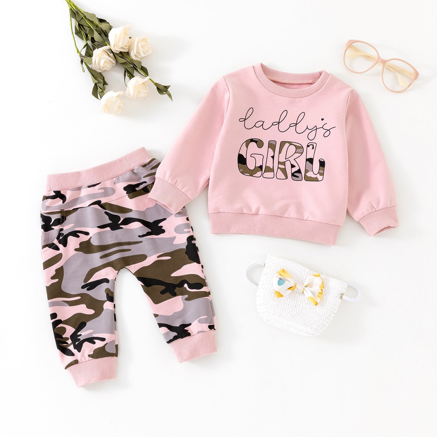 Fresh Arrivals at Buy Center: Long Sleeve Sweater Camouflage Trousers Suit Pink