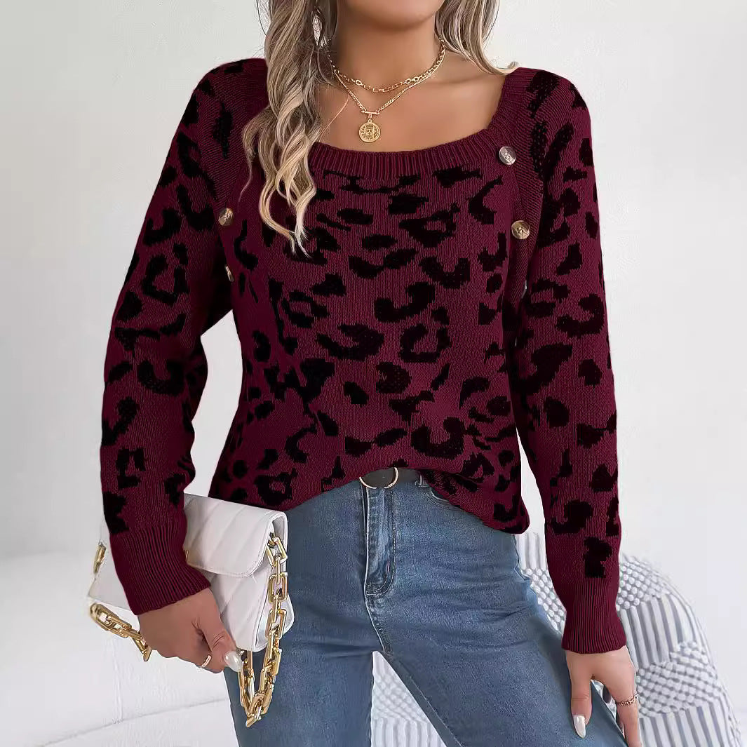 Casual Square Collar Button Contrast Color Leopard Print Long Sleeve Sweater Buy Center