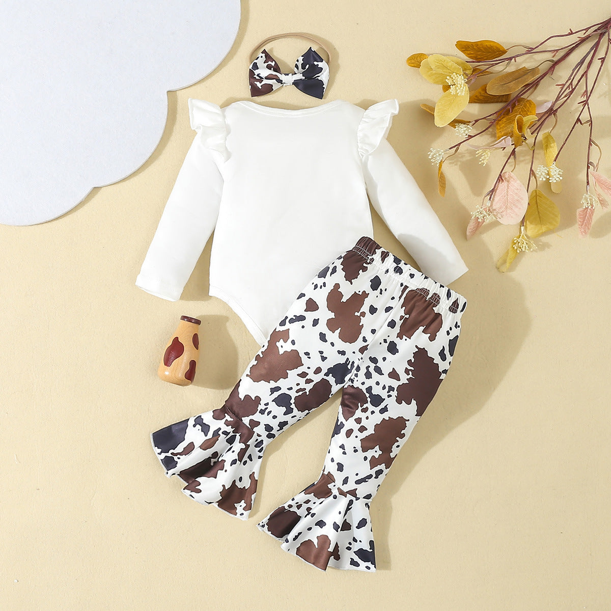 Fresh Arrivals at Buy Center: Baby Girl Cartoon Animal Flower Bell-bottom Pants Long Sleeve Headdress Three-piece Set