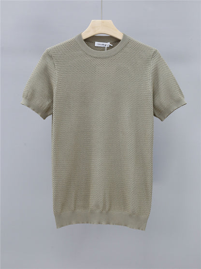 Now Available at Buy Center: Summer Men's Ice Silk Knitted Round Neck T-shirt Camel Apricot