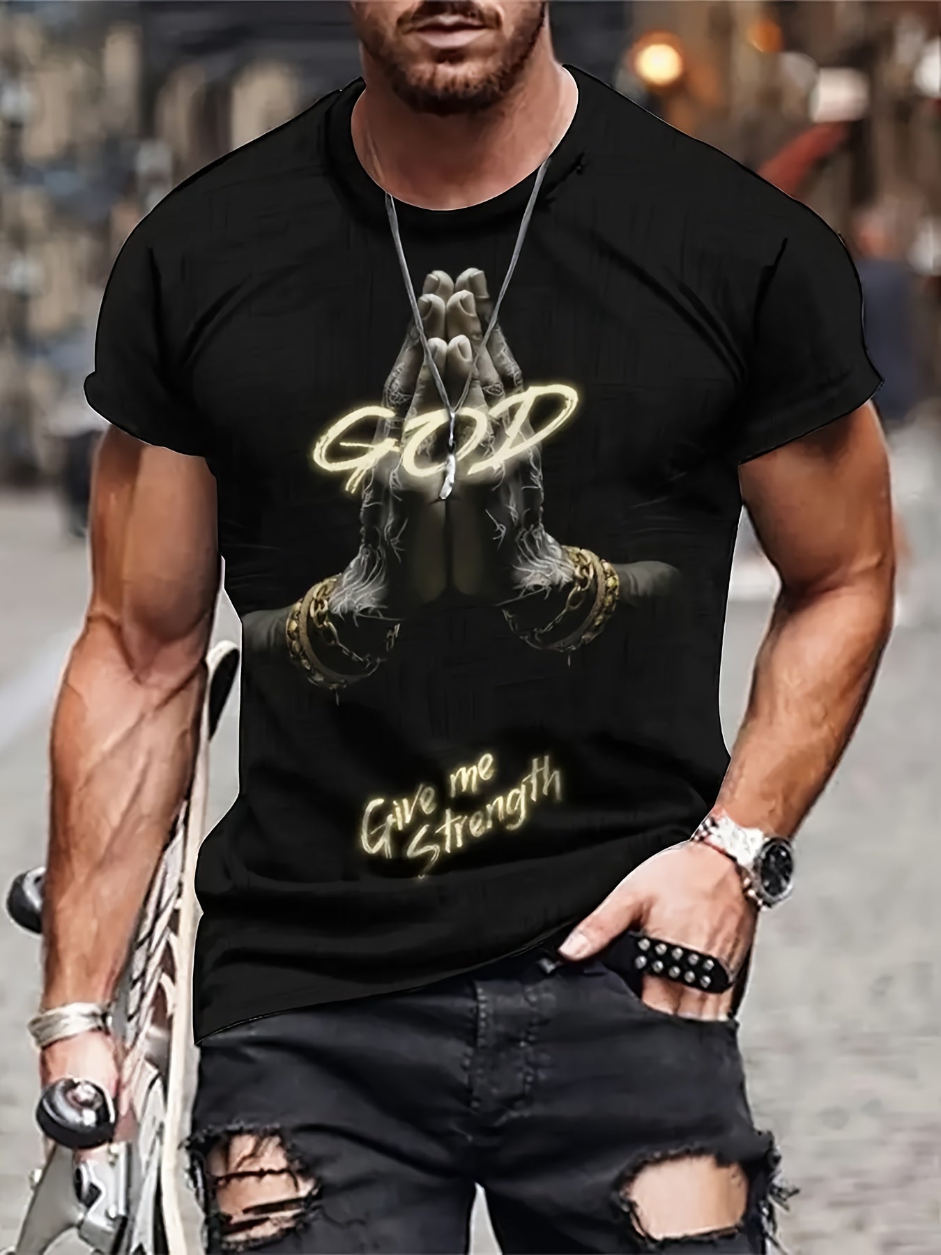 God Gives Me Strength To 3D Print Men's Comfortable Plus Size T-shirt, Short Sleeved Casual Round Neck Top, Men's Summer Outdoor Wear Buy Center