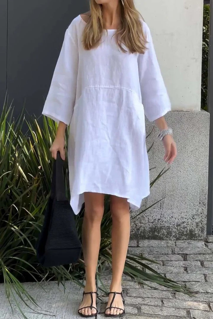 Hot New Items at Buy Center: Women's Cute Solid Color Loose Casual Pocket Cotton Linen Dress White