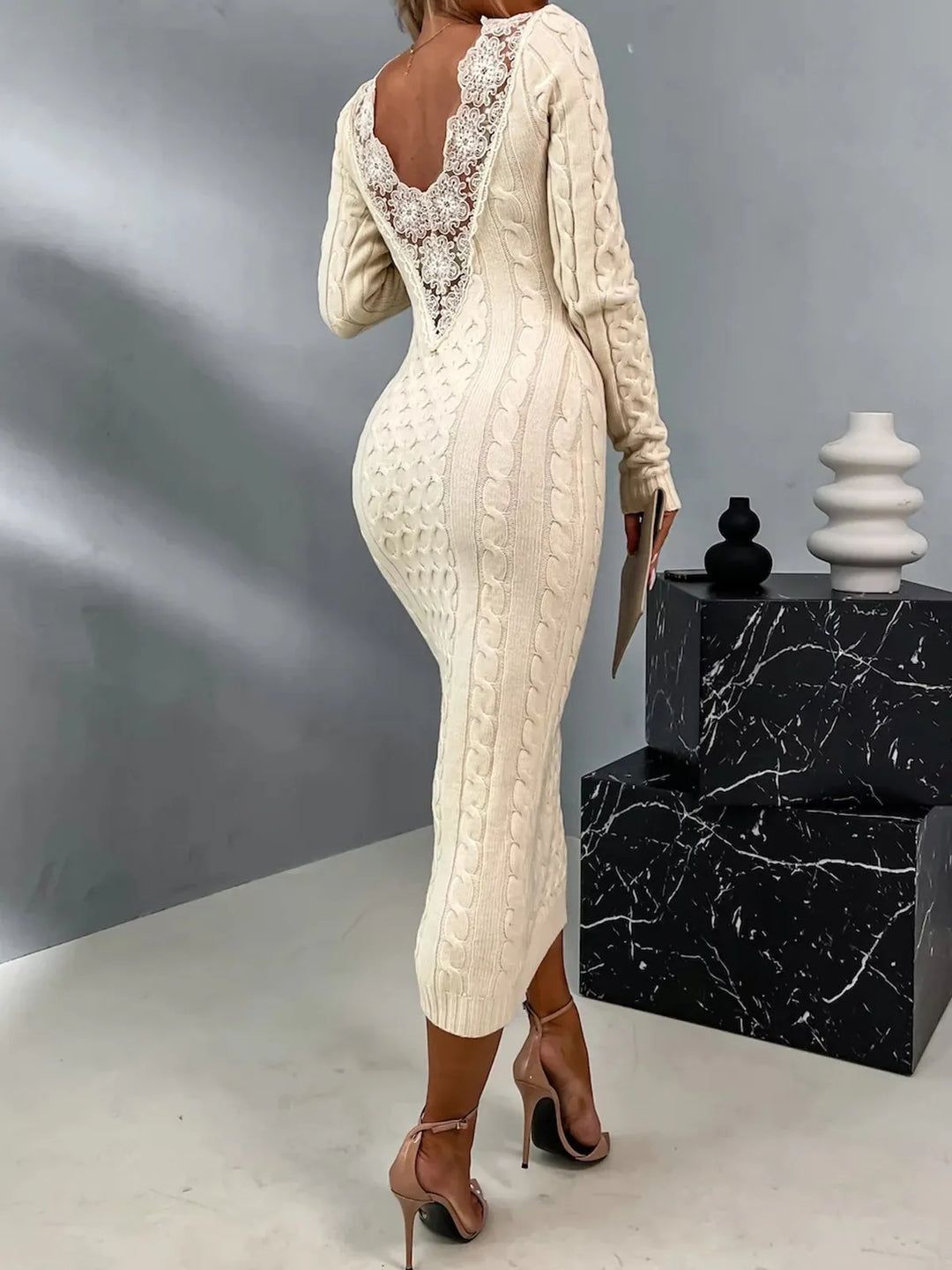 Fresh Arrivals at Buy Center: Casual V-neck Patchwork Lace Sweater Dress