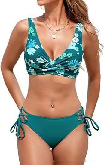 Newly Arrived at Buy Center: Sexy Halter Bikini Women's Split Lace-up Swimsuit Green Flower