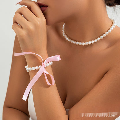 New Cross Border Retro French Velvet Pearl Bracelet Bow Collarbone Factory Wholesale