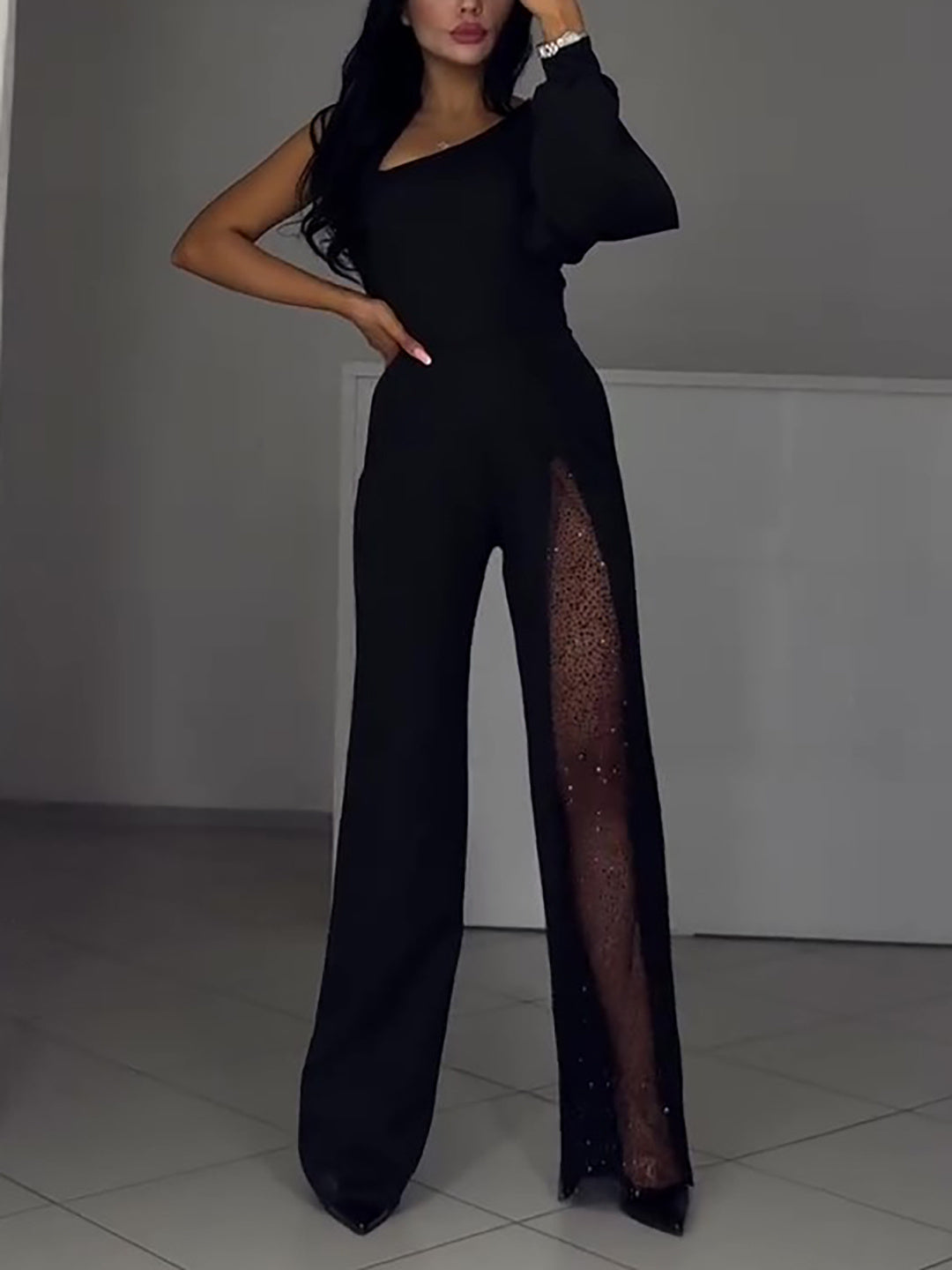 Single Sleeve Patchwork Mesh Jumpsuit Buy Center