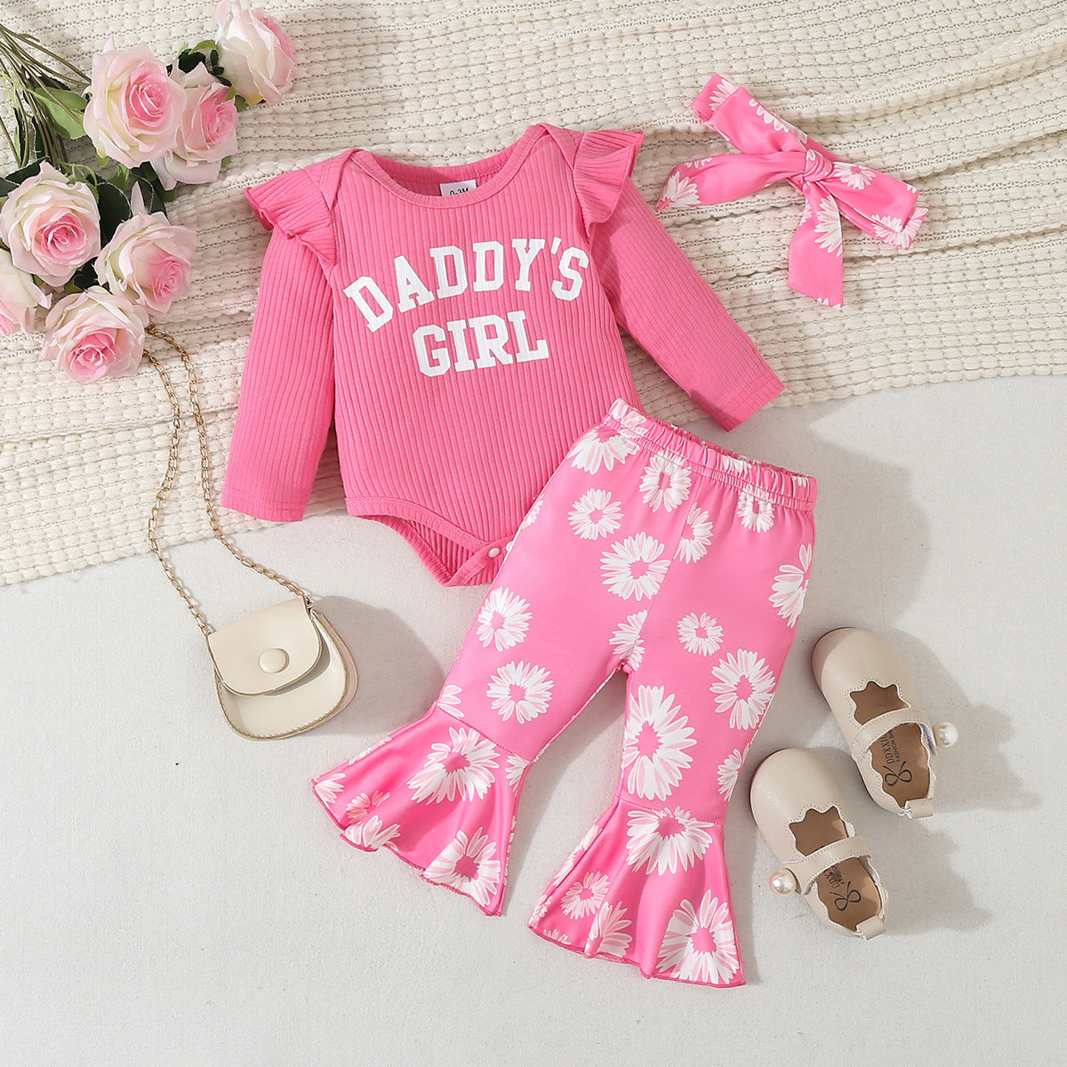 Fresh Arrivals at Buy Center: Baby Girl Cartoon Animal Flower Bell-bottom Pants Long Sleeve Headdress Three-piece Set LC121 Powder