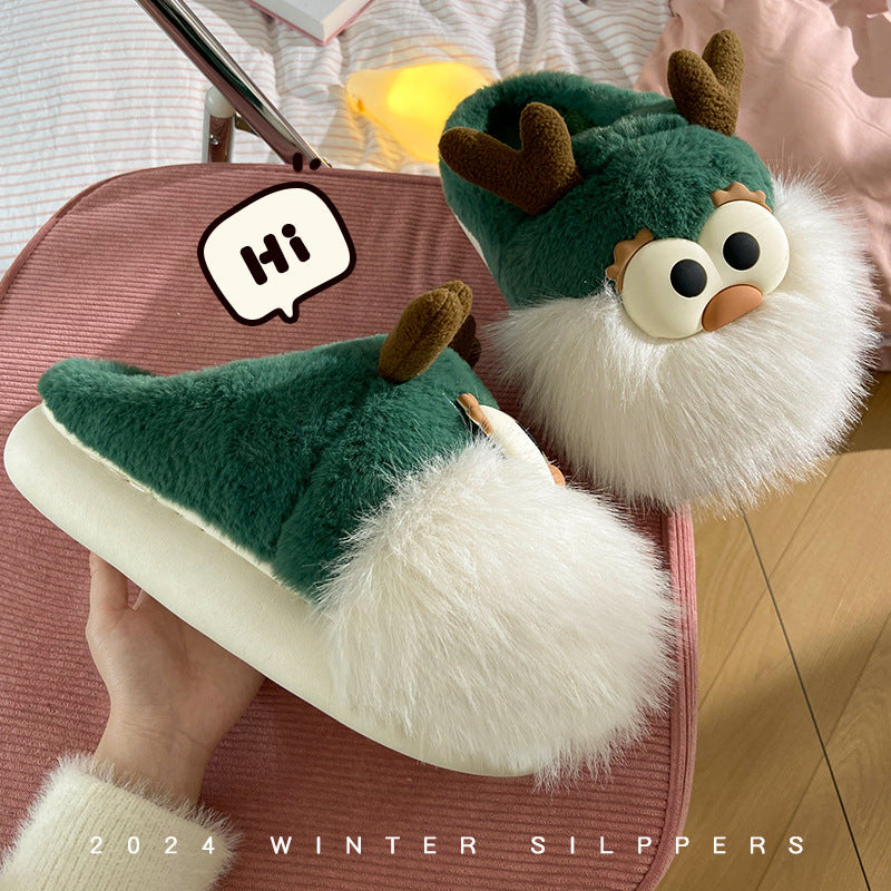 Cute Cartoon Christmas Deer Cotton Shoes Winter Indoor Floor Home Slippers Half-covered Heel Warm Plush Shoes Women Buy Center