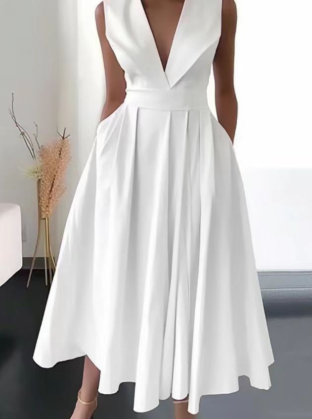 Fresh Arrivals at Buy Center: Summer Sleeveless Waist Pocket Large Swing Dress White