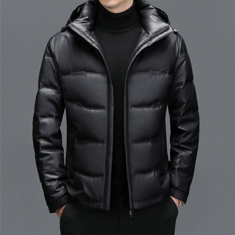 Men's Casual Solid Color White Duck Down Warm Hooder Leather Coat