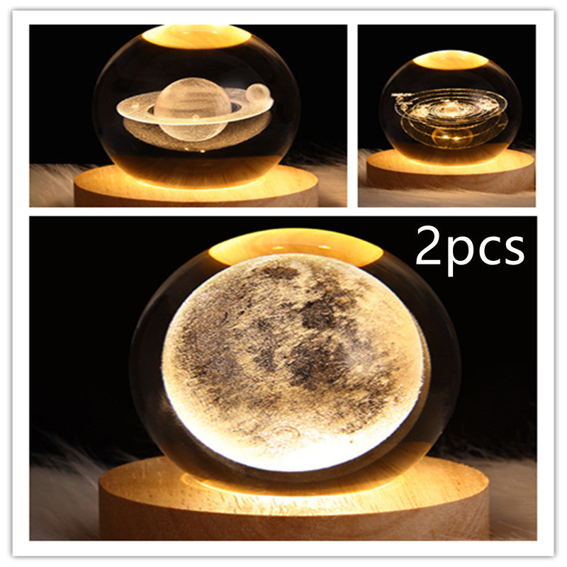 LED Night Light Galaxy Crystal Ball Table Lamp 3D Planet Moon Lamp Bedroom Home Decor For Kids Party Children Birthday Gifts Solid Wood Seat Set23 USB