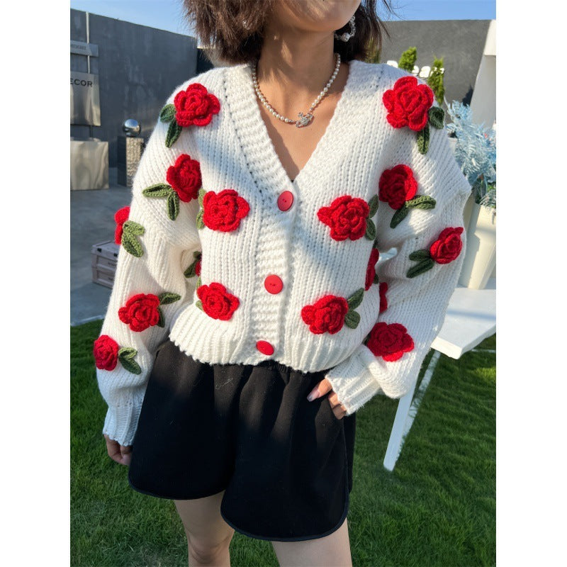 Buy Center Picks-New Knitting Needle Sweater Thick Knitted Cardigan Three-dimensional Rose Flower Sweet Coat For Women