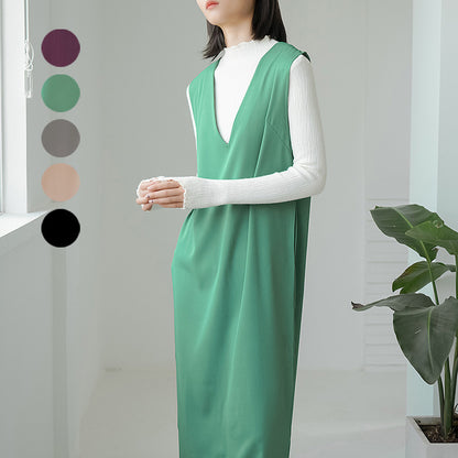 Autumn And Winter Sleeveless V-neck Overknee Long Dress Solid Color