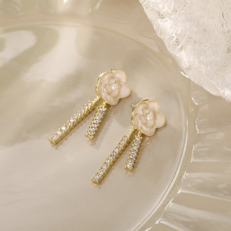 Buy Center Top Rated-Xiaoxiangfeng Dripping Oil Mountain Camellia Earrings For Women, Gentle And Sweet Temperament, Diamond Studded Earrings, Light Luxury And High End Earrings