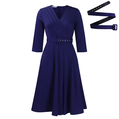 Buy Center Handpicked- V-neck Fashion Elegant Pleated Elastic Elegant African Dress Dark Blue Belt