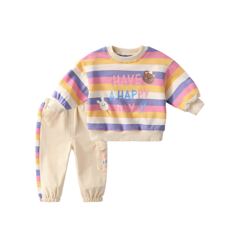 Fresh Arrivals at Buy Center: Baby Color Stripes Cartoon Bear Long Sleeve Two-piece Set