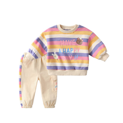 Fresh Arrivals at Buy Center: Baby Color Stripes Cartoon Bear Long Sleeve Two-piece Set