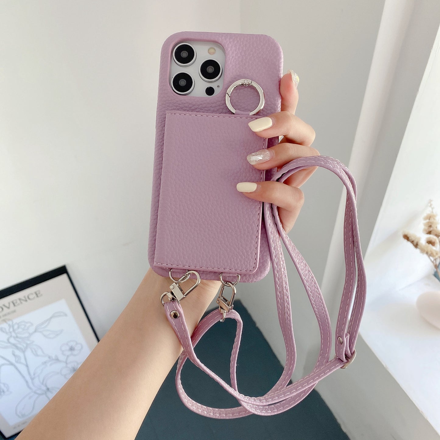 Lychee Pattern Left And Right Open Beauty Mirror Lanyard Phone Case Purple