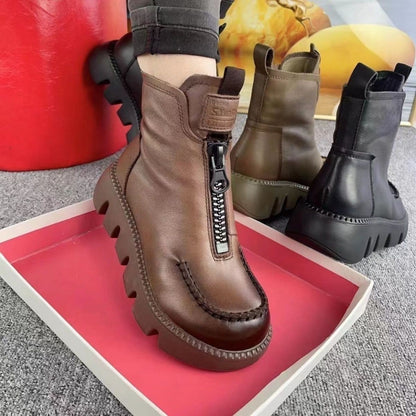 Fresh on the Scene at Buy Center: Cotton Boots Soft Full Grain Leather Retro Platform Motorcycle Boots Muffin Heel