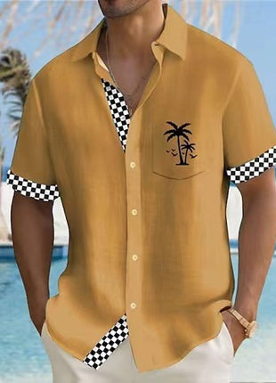 Camisa estampada con rayas geométricas y árboles de coco para hombre