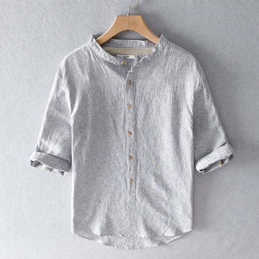 Now Available at Buy Center: Summer Cropped Sleeves Cotton Linen Linen Shirt For Men Gray