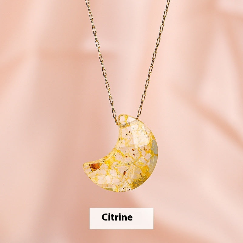 Buy Center Choice-Popular Temperament Natural Stone Cut Moon Titanium Steel Necklace Citrine 18x14mm