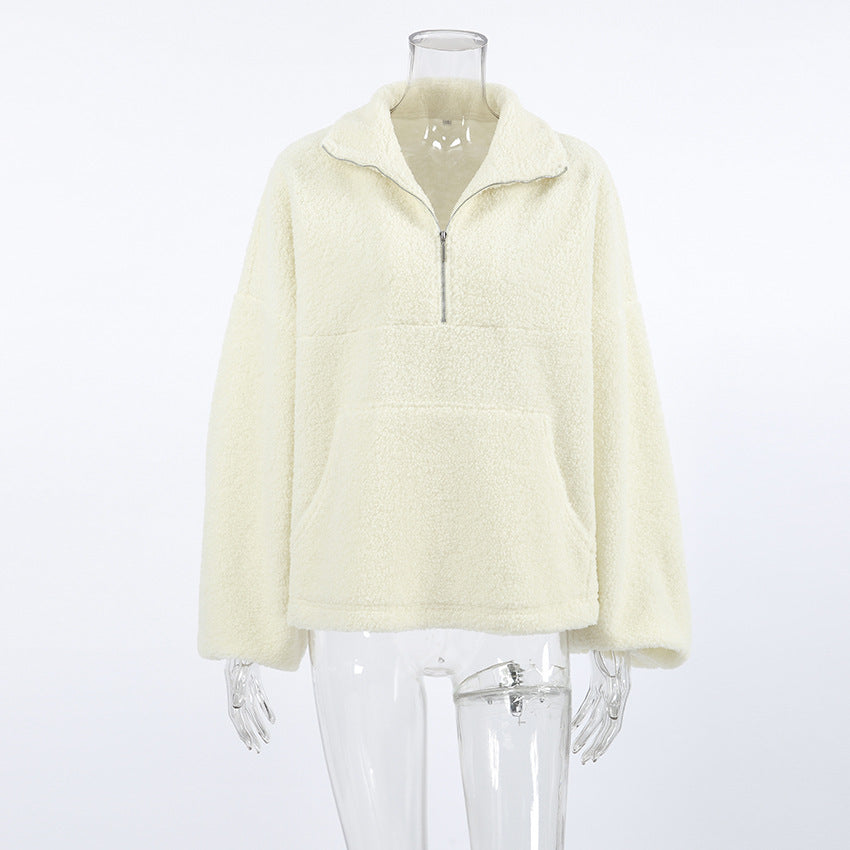 Stand Collar Beige Fleece Sweatshirt Buy Center