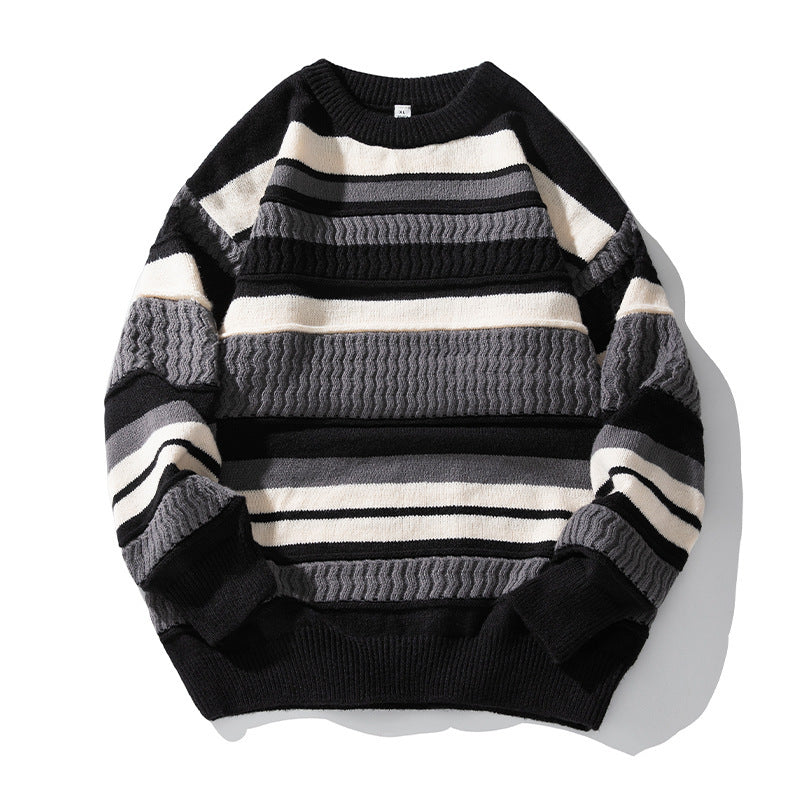 Japanese Round Neck Sweater Men's Striped Color Contrast Patchwork Buy Center