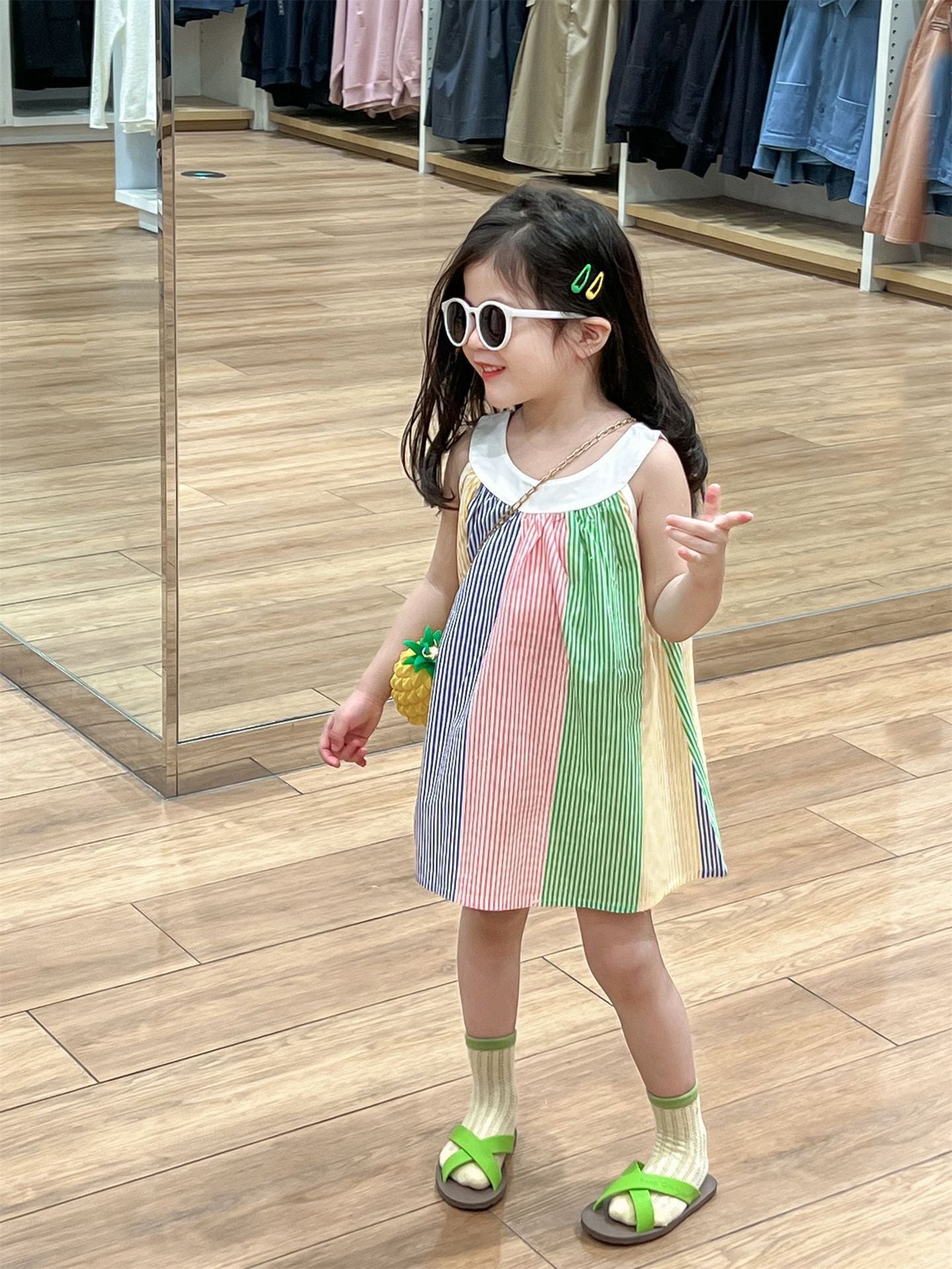 Fresh on the Scene at Buy Center: Girl's Fresh Color Printing Vertical Stripe Sling Dress Vertical Bar