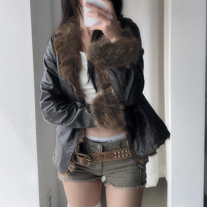 American Street Loose Fur Collar Leather Coat Buy Center