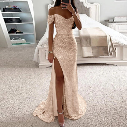 Female Creative Solid Color Sparkling Slit Dress Buy Center