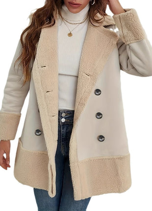 Apricot Lapel Lamb Wool Contrast Color Long Coat