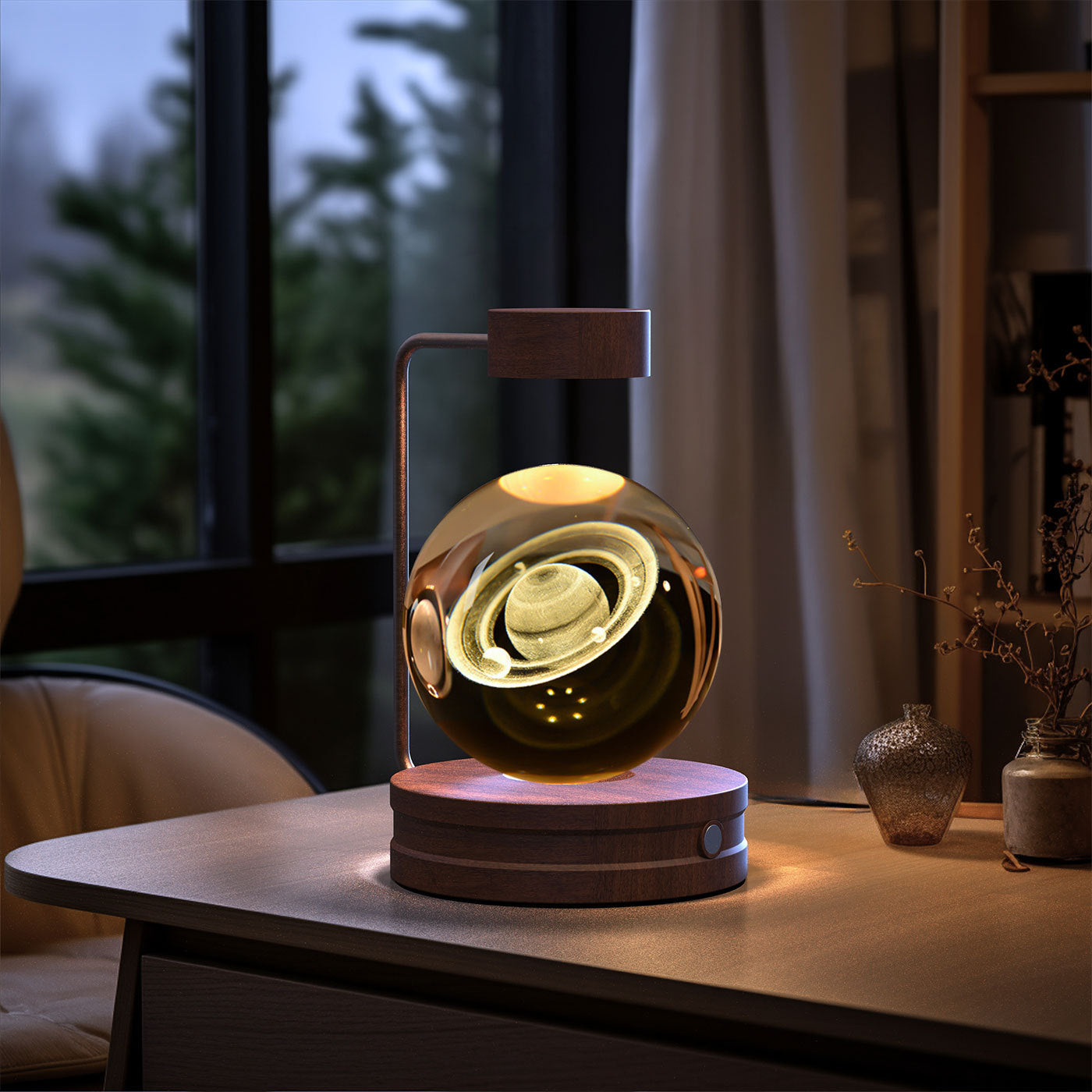 Crystal Ball Cosmic Dinosaur Indoor Night Light USB Power Warm Bedside Light Birthday Gift Night Lamp Saturn Dark wood