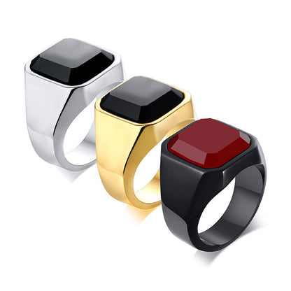 Men's stainless steel black agate ring