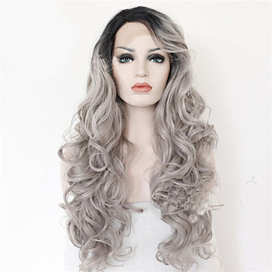 Perruque en dentelle synthétique 2 tons gris noir ombré perruques ondulées cheveux longs bouclés