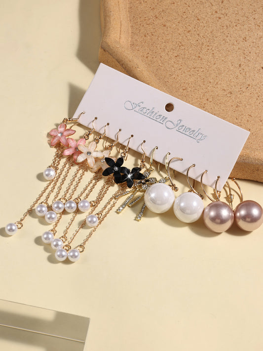 New Combination Style 6 Pairs Of Temperament Personality Internet Famous Long Pearl Earrings With Crystal Flowers Simple And Versatile Earrings