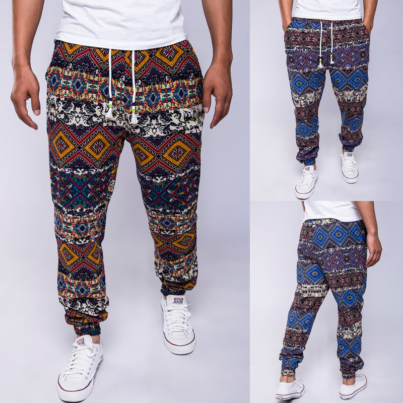 Famous ethnic style printed cotton hemp casual pants