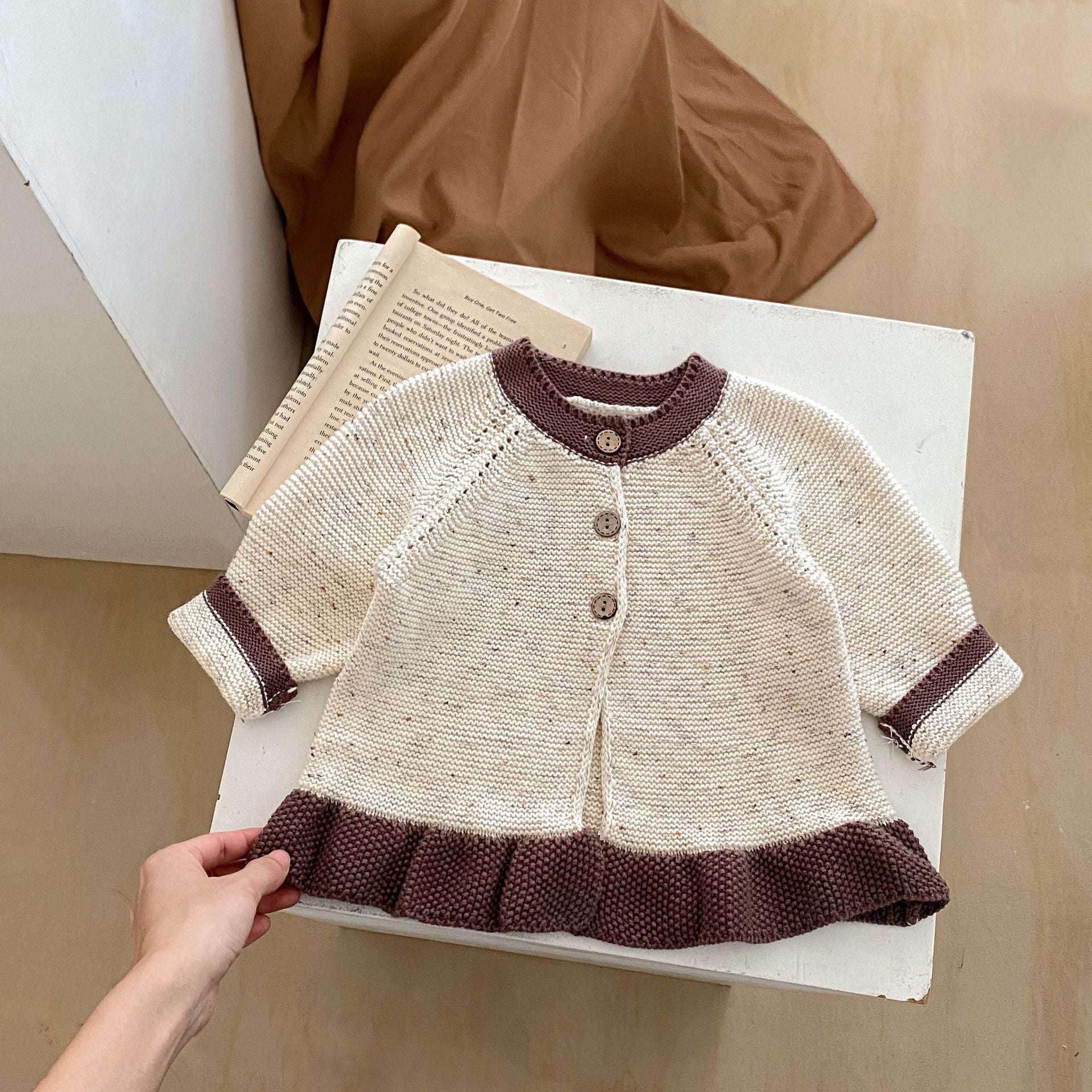 Hot New Items at Buy Center: Baby Dot Yarn Ruffled Knitted Cardigan Coat Knitted Bell-bottom Pants